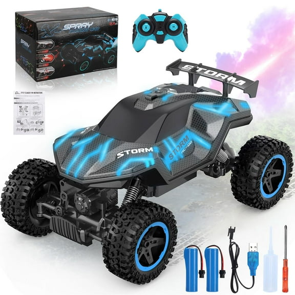 1:16 RC Car Remote Control Car, 60 min Monster Truck with Lights and Spray Function, All Terrain Off Road RC Monster Vehicle Truck for Kids, 2400Mah Battery