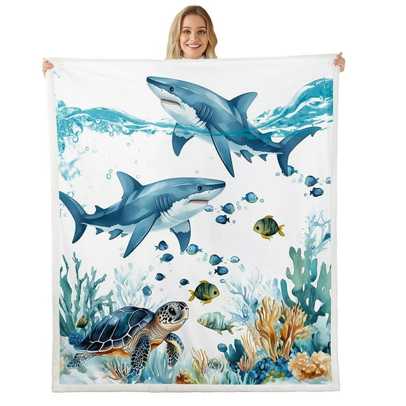 Erosebridal Cartoon Sea Turtle Throw Blanket for Couch, Sea Shark Plush Blanket, Cartoon Marine Decor, 50x60