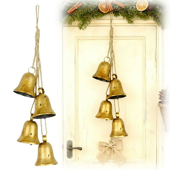 Christmas Decorative Bells Gold Vintage Bells with Hanging Rope Metal Cow Bells Decoration for Weddings Parties Home DIY Wreaths 23.6" Set of 4