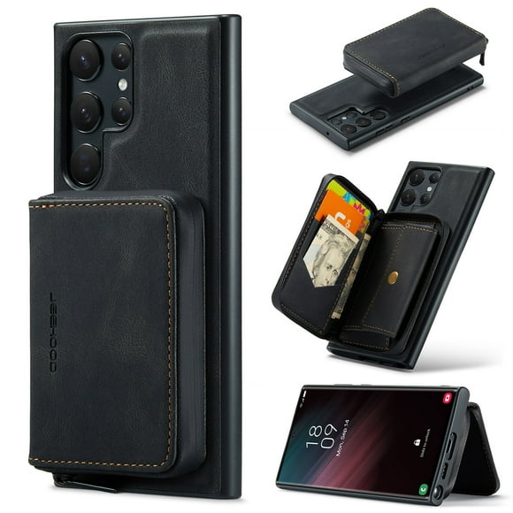 For Samsung Galaxy S21 Ultra Case, Detachable 2 in 1 PU Leather Zipper Wallet Case for Women Men with RFID Blocking Removable Card Holder Slot Magnetic Closure Shockproof Protective Phone Cover,Black