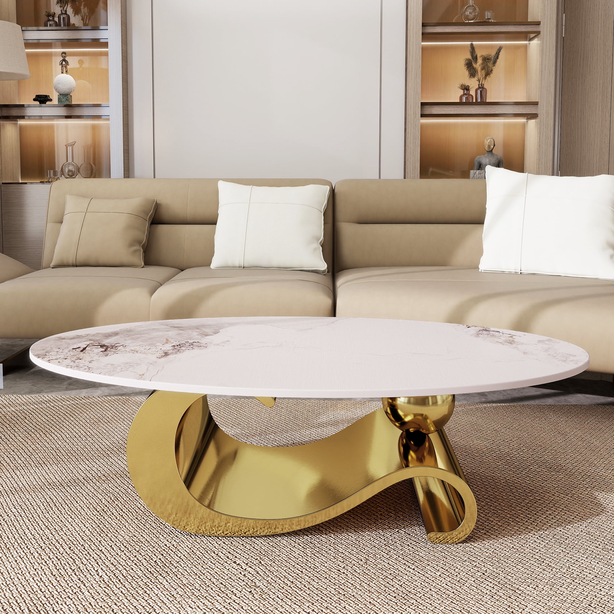 HIUU White Marble Coffee Table for Living Room,Oval Coffee Table with Gold Stainless Steel Base for Living Room