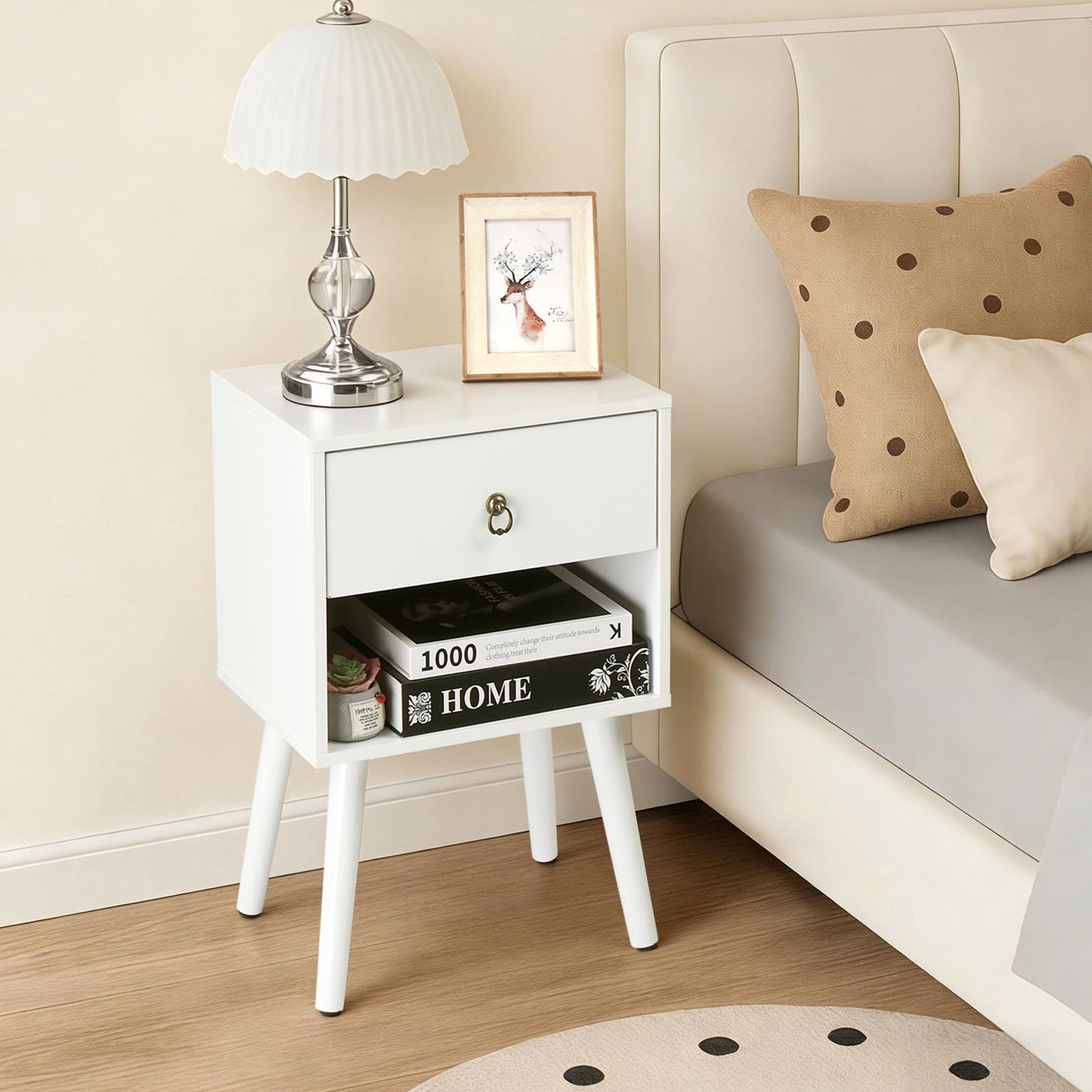 Ktaxon Wooden Night Stand Side End Table Storage Shelf with One Drawer Night Stand Sets of 1, White