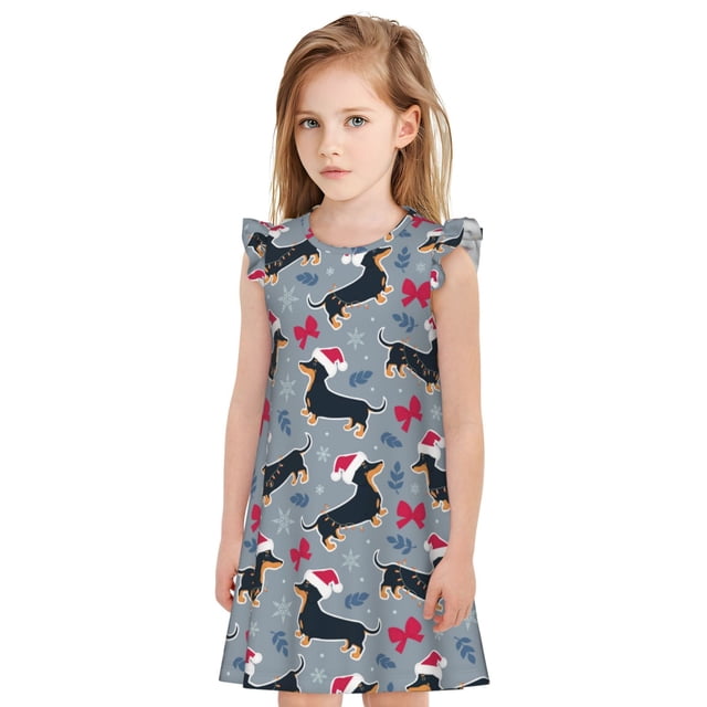 Balery Christmas Hat Dachshund Camisón de princesa para niñas, pijama de algodón con mangas abullonadas, suave y bonito.-X-Large
