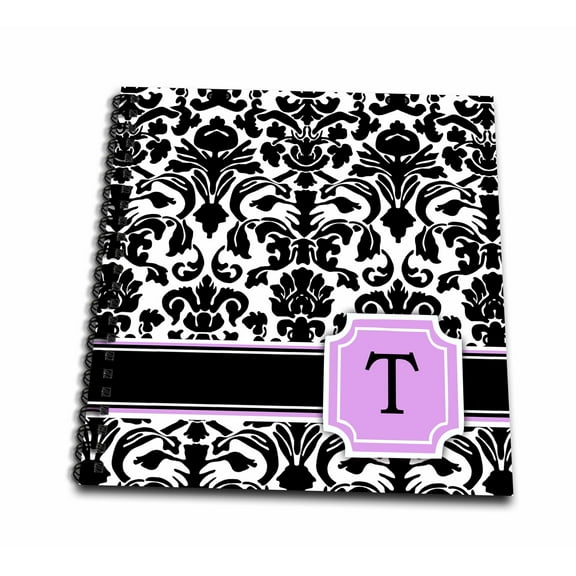 3dRose, Personal initial T monogrammed pink black and white damask pattern girly stylish personalized letter, Mini Notepad 4 x 4 inch