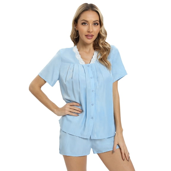 Two Piece Outfits for Women Casual Shorts Set Short Sleeve S-XXL - Womens Pajama Set with Short Sleeve Button-up Shirt and Shorts