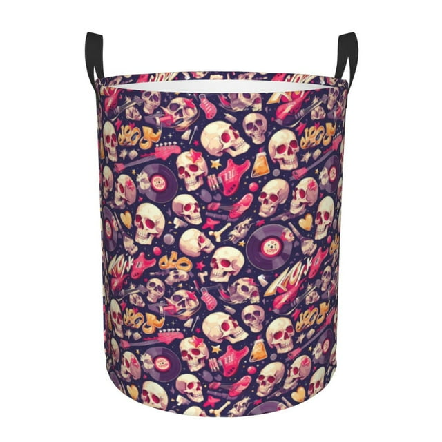 Saiise Panier à Linge Pliable avec Impression de Musique et Crâne, Grand Panier de Rangement Rond en Coton et Lin avec Poignées pour Chambre d'Enfants et Jouets-Moyen
