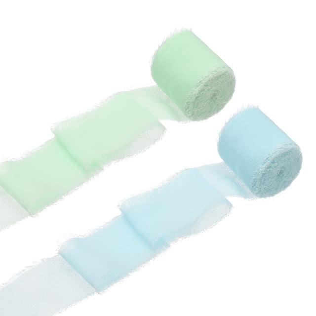 Uxcell 2 Rollos de Cinta de Gasa, Cinta de Flecos Hecha a Mano de 1.5 Pulgadas x 5 Yardas para Envolver Ramo de Flores Decoración de Bodas Artesanías de Novia Azul Claro/Azul Brillante