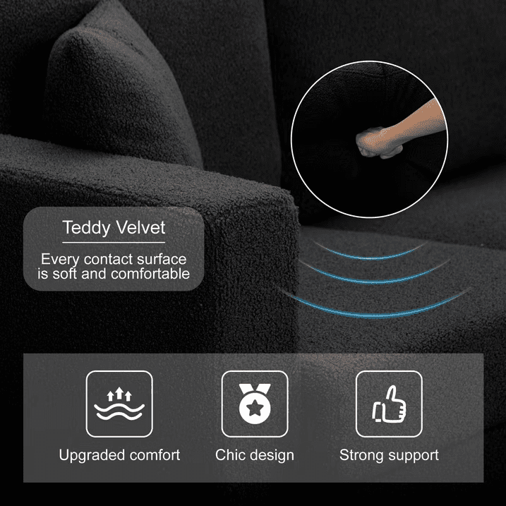 Gewnee 86.6”3-Seater Sofa Couch,Teddy Velvet Extra-Wide Deep Sofa Suitable for Living room, Bedroom, Office and Reception Room.Black