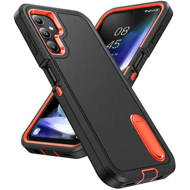 Pour Samsung Galaxy A14 5G Étui de Protection Robuste Corps Complet Multi-Couches Antichoc avec Béquille Cachée Étui Hybride en Silicone Rigide PC pour Samsung A14 5G, Noir+orange