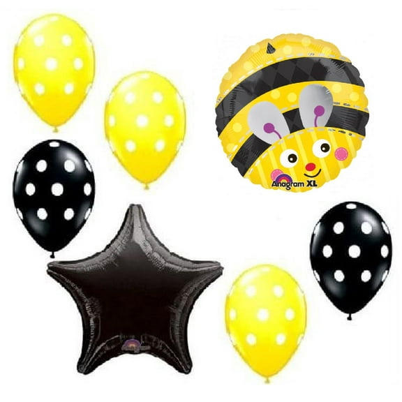 BUMBLEBEE Bumble Bee Polka Dots 7 Pc Birthday Party Mylar & Latex Balloons Set