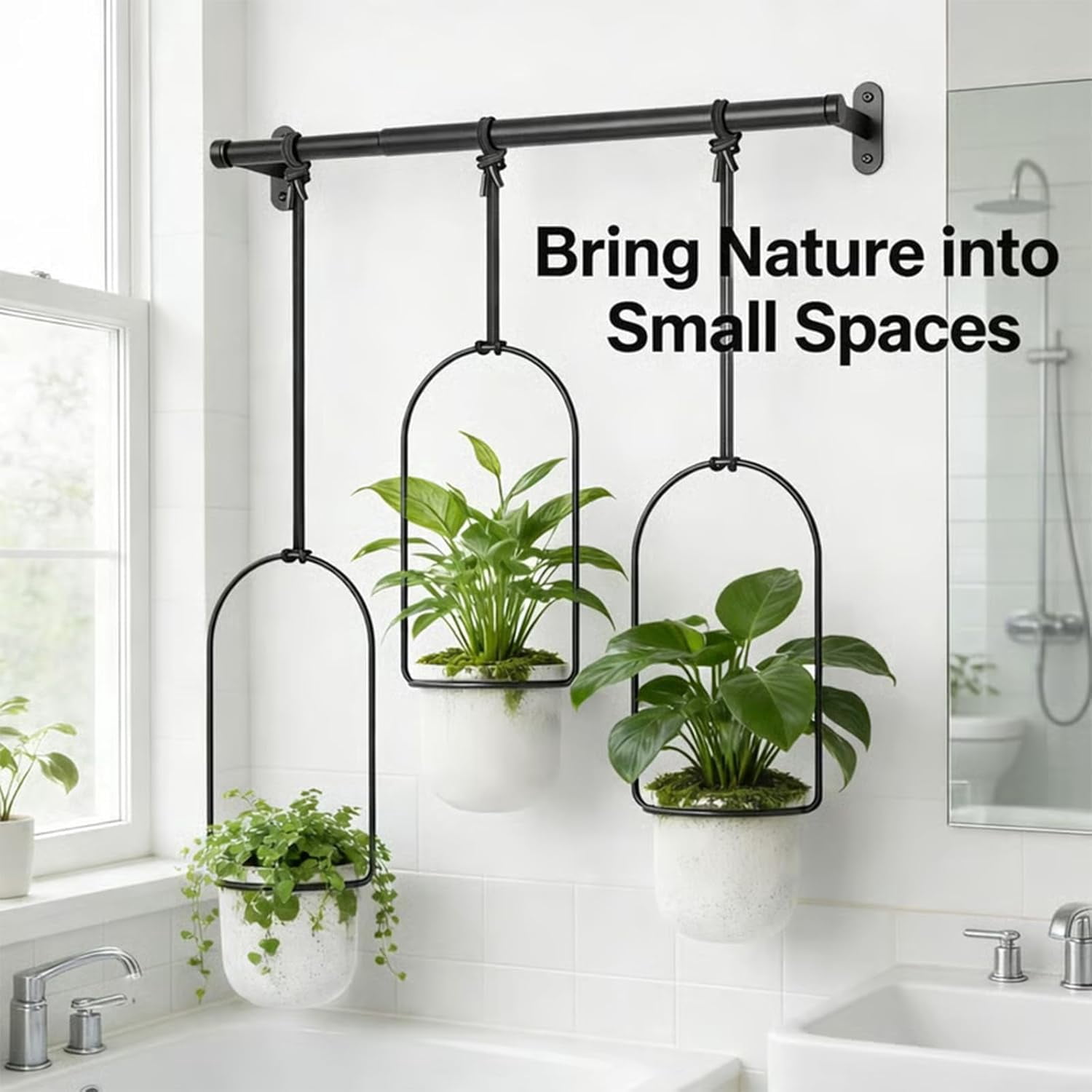 Adjustable Hanging Window Planter Set – Metal Rod Plant Hanger with 3 Pots for Indoor & Outdoor Green Display, Window Plant Pot Set, Adjustable Sill Plant Rack, for Garden, Kitchen, Living (Black)