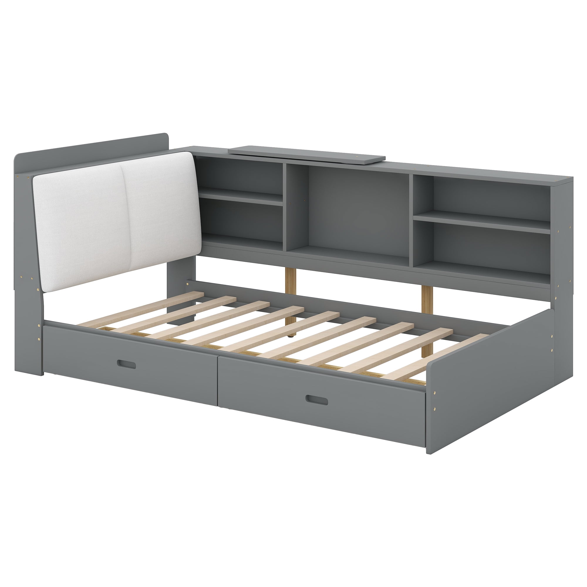 Euroco Wood Twin Platform Bed with Storage Headboard and Shelves, 2 Drawers Floor Bed for Kids Teens, Gray