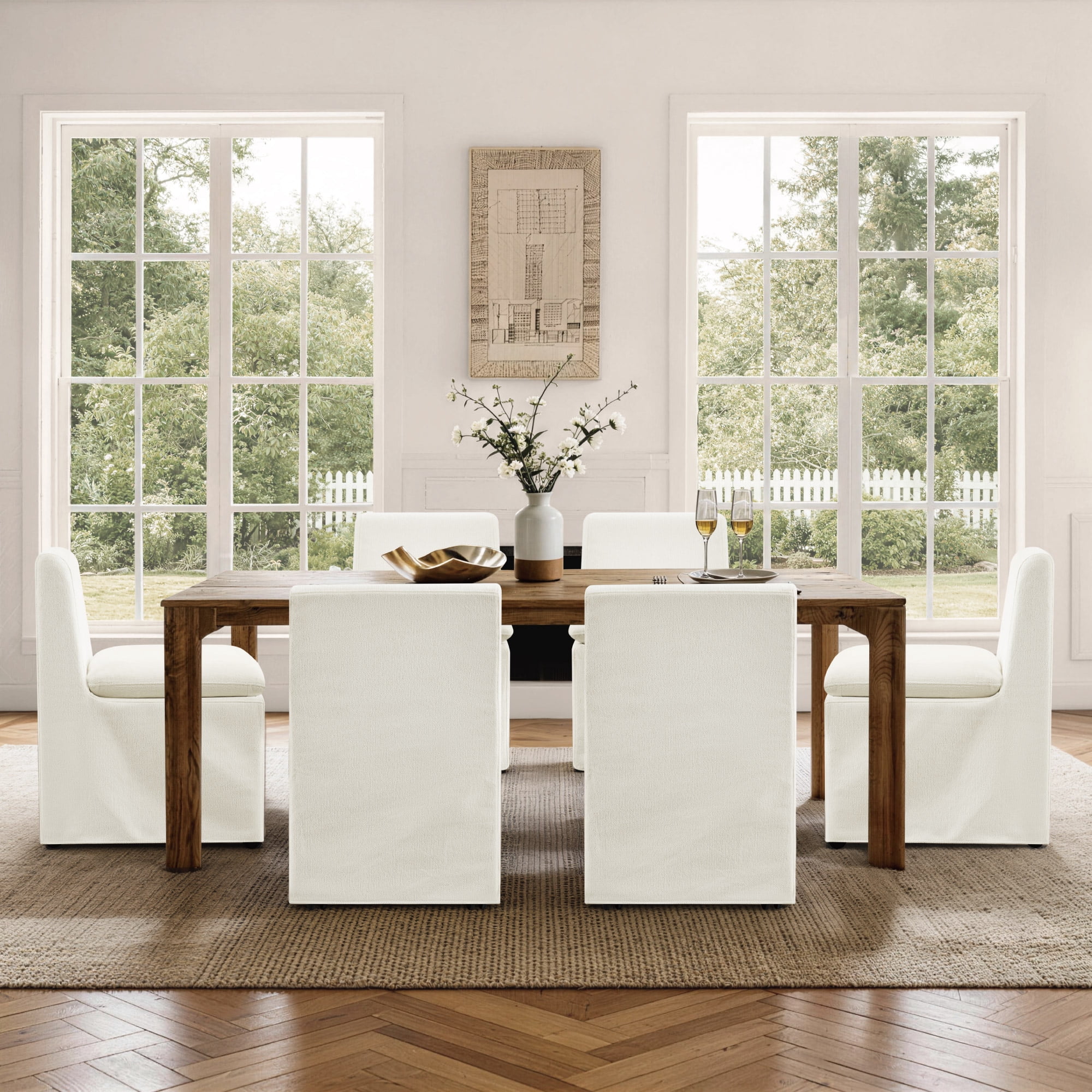 Spruce & Spring Armless Dining Chair with Casters and Washable Slipcover Set of 2, Linen in Fabric
