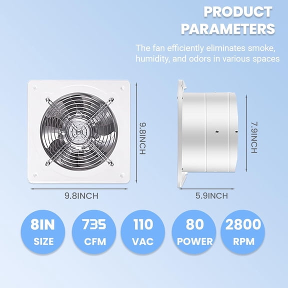 8 Inch Kitchen Exhaust Fan with Variable Speed Controller, 735CFM Wall Mount Ventilation Fan for Bathroom Garage Shop