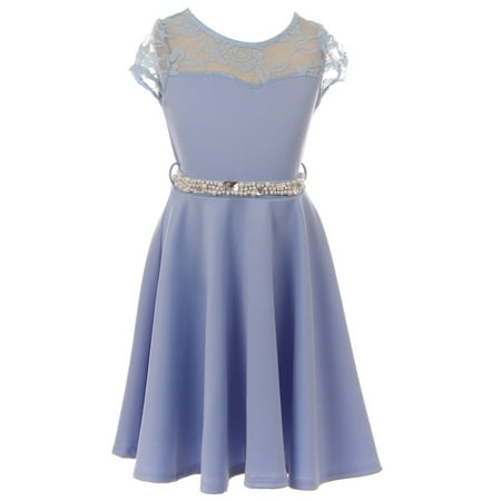 Illusion Dress Blue Little Girl Cap Sleeve Illusion Lace Pearl Holiday Easter Party Flower Girl Dress Blue 4 JKS 2153 BNY Corner ()