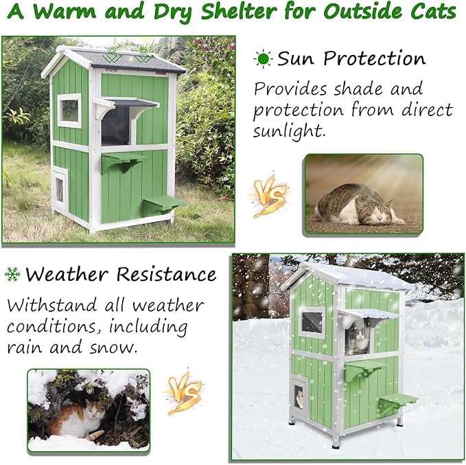 Gowoodhut Outdoor  House for Cats,Outside Feral Cats Shelter,Indoor Cat House,2 Story Wooden Kitten Cage with Weatherproof & Openable Roof, Escape Door,Removable Floors