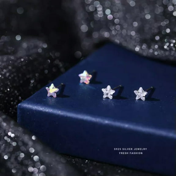 K-KED Tiny Solid Sterling Silver Crystal Star Stud Earrings 925 Silver Earrings-Clear