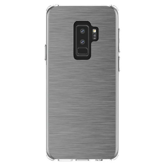 DistinctInk Clear Shockproof Hybrid Case for Samsung Galaxy S9  PLUS (6.2" Screen) - TPU Bumper, Acrylic Back, Tempered Glass Screen Protector - Grey Silver Stainless Steel Image - Printed Stainless