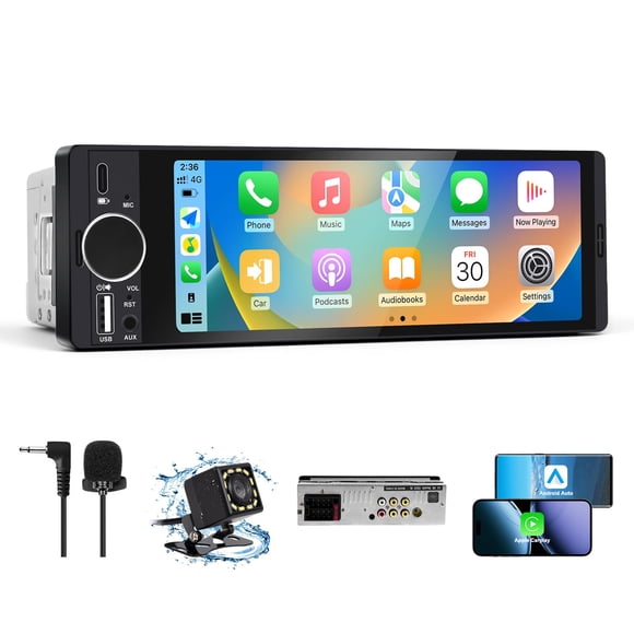 Single Din Car Stereo with Apple CarPlay & Android Auto, 6.36 Inch HD Touch CarPlay Screen, Backup Cam,Bluetooth, USB Type-C, SWC, EQ, FM Radio (with
