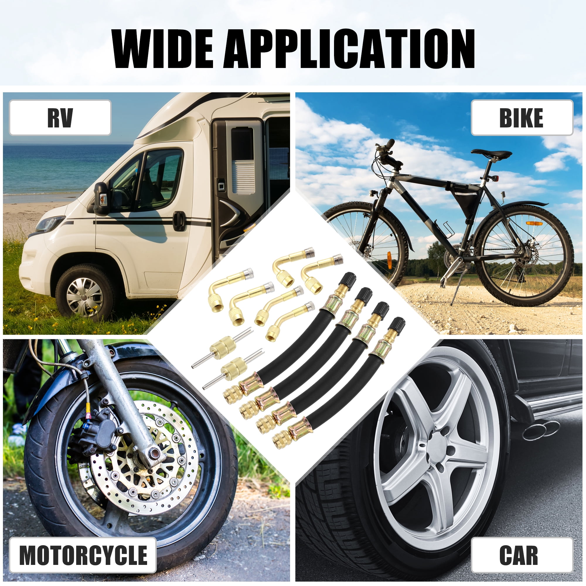 Unique Bargains 12pcs Tire Valve Stem Extension W/ 4 Dual Extender Pipe 5.1" 2 Core Tools