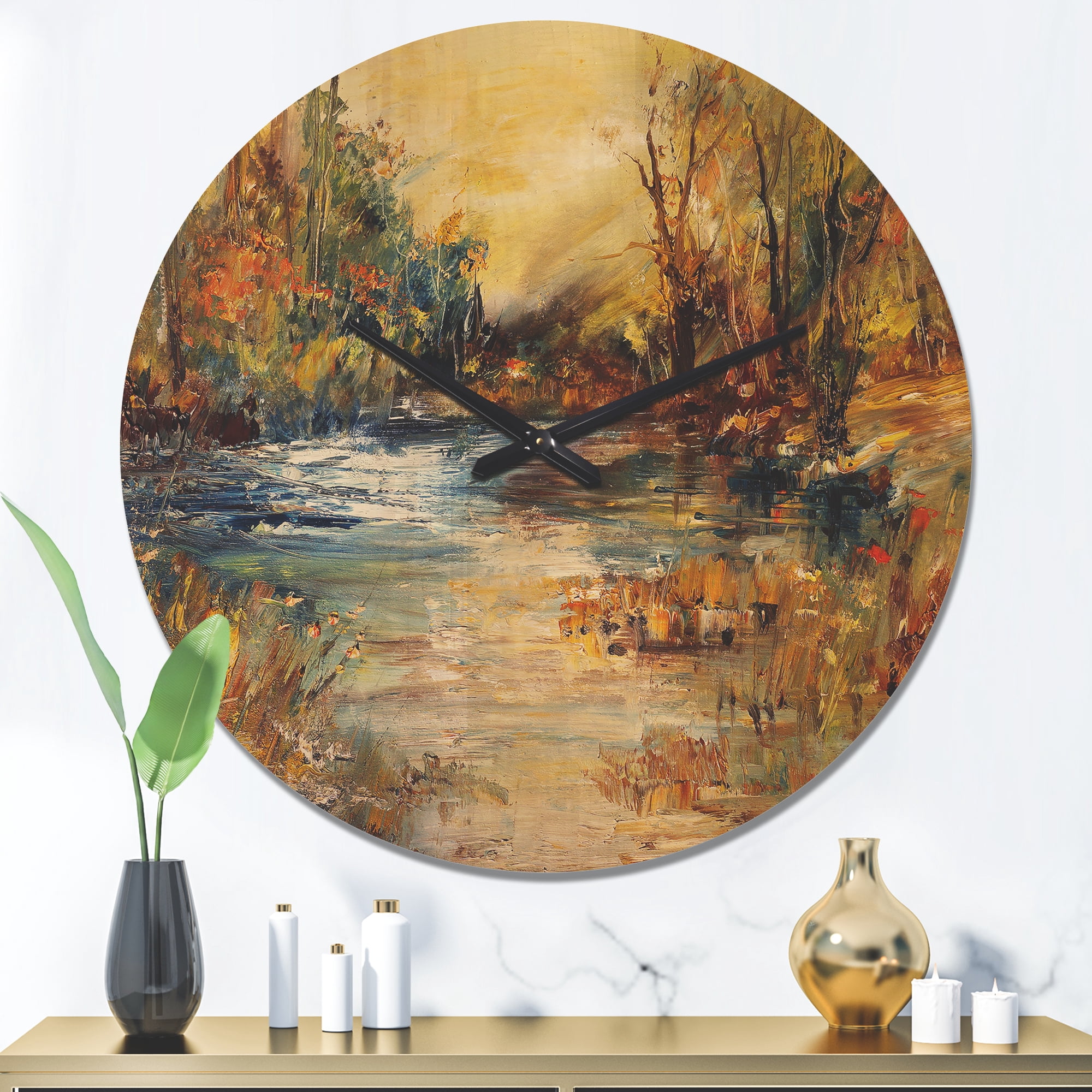 Designart 'Abstract Stream in Forest' Farmhouse Wood Wall Clock