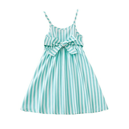 

4T Toddler Girls Dress Summer Dress Sleeveless Dress 5T Toddler Girl Sling Stripe Prints Ruffled Layer Dress Blue