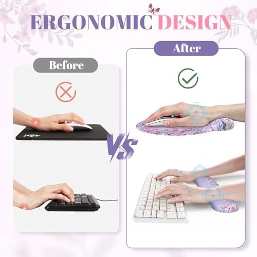 Tekola Desk Mat Set,Large Mouse Pad with Wrist Rest,Ergonomic Keyboard Wrist Support for Women,Girly Floral Computer Mat with Scalloped Edges,Non-Slip Desk Pad Home Office Gaming (Purple)