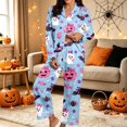 thumbnail image 2 of ZHOGXU Womens Halloween Pajama Sets Ghost & Pumpkin Print Notch Collar Long Sleeve Button Top Matching Long Pants 2PCS Pjs Summer Fashion Sleepwear,Light Blue,L, 2 of 4