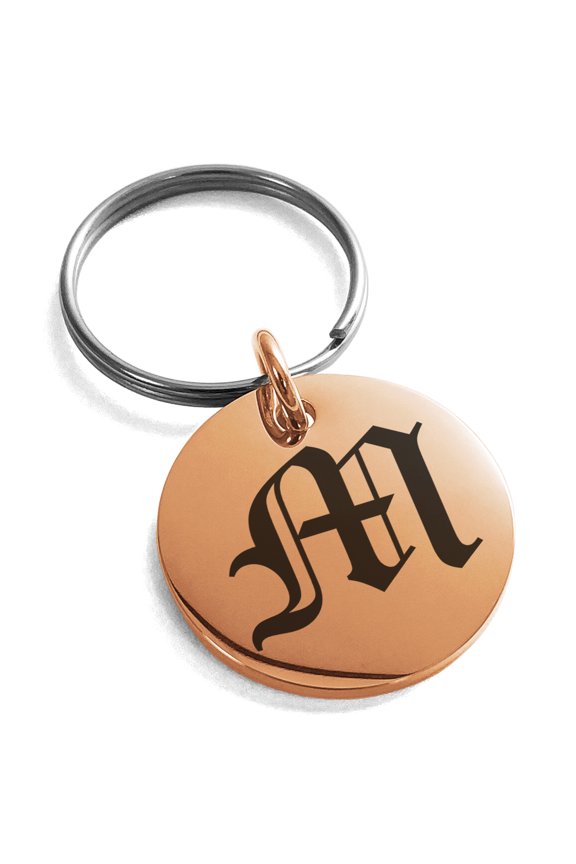 Stainless Steel Letter M Initial Old English Monogram Engraved Small Medallion Circle Charm Keychain Keyring