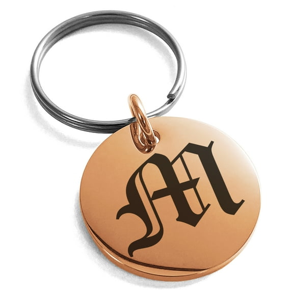 Stainless Steel Letter M Initial Old English Monogram Engraved Small Medallion Circle Charm Keychain Keyring
