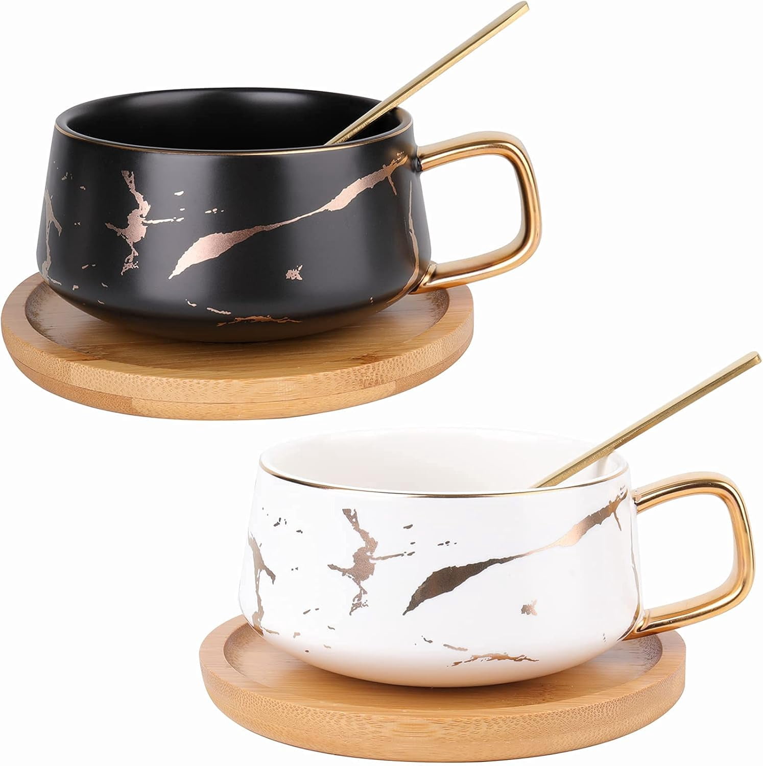 2 Pack Ceramic Tea Coffee Cup, 10 OZ Coffee Mug with 304 Stainless Steel Spoon and Bamboo Saucer, Marble Espresso Cups for Latte, Cappuccino, Americano, White and Black