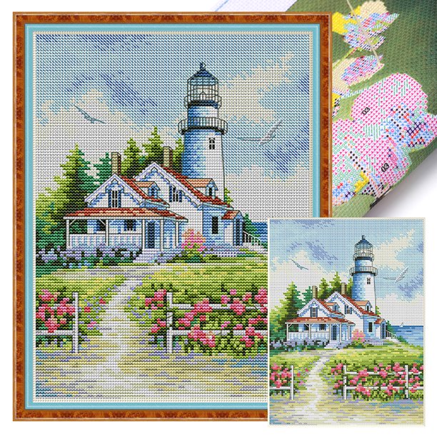 Hilo Algodón Egipcio Wdftyju Bordado 11CT 4 Hebras Impresión 30*40cm Kit Serie Paisaje Punto Cruz Del Faro Costero 31 Colores