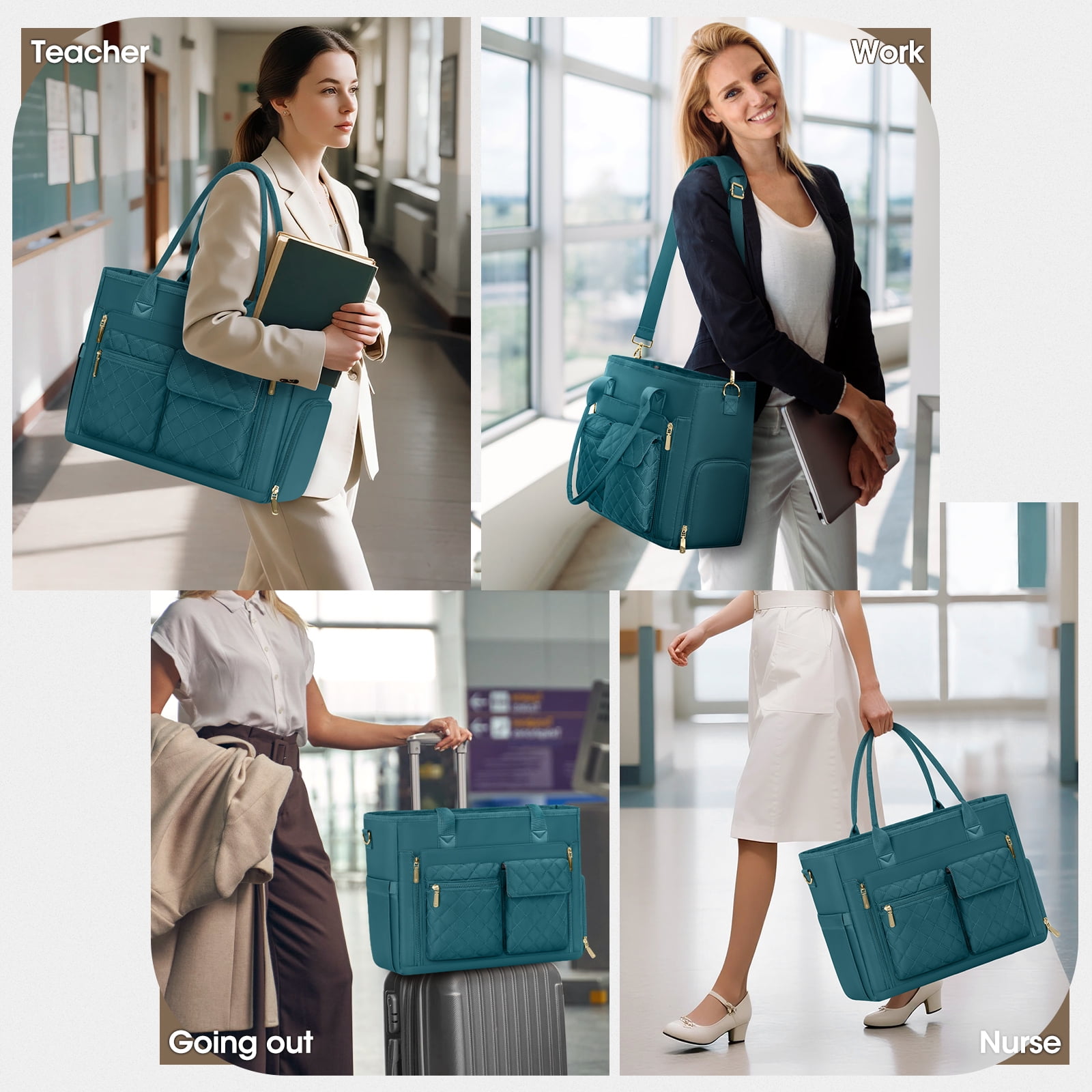 RAINSMORE Teacher Tote Bag with Insulated Lunch Compartment Lightweight 15.6 inch Laptop Bag for Women Work Bags Nurse Tote Bags,Green