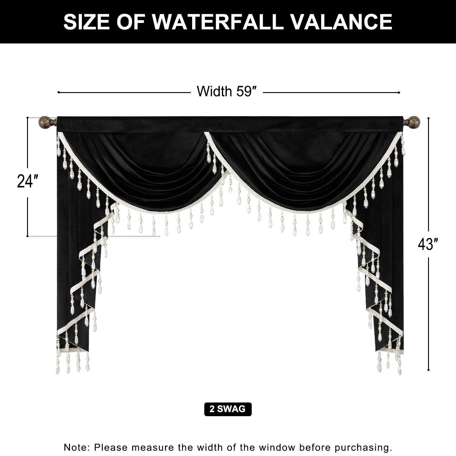 VOGOL Black Velvet Waterfall Valance & Curtains Set, Beaded Tassel Thermal Drapes 52x96 Inches for Bedroom & Living Room