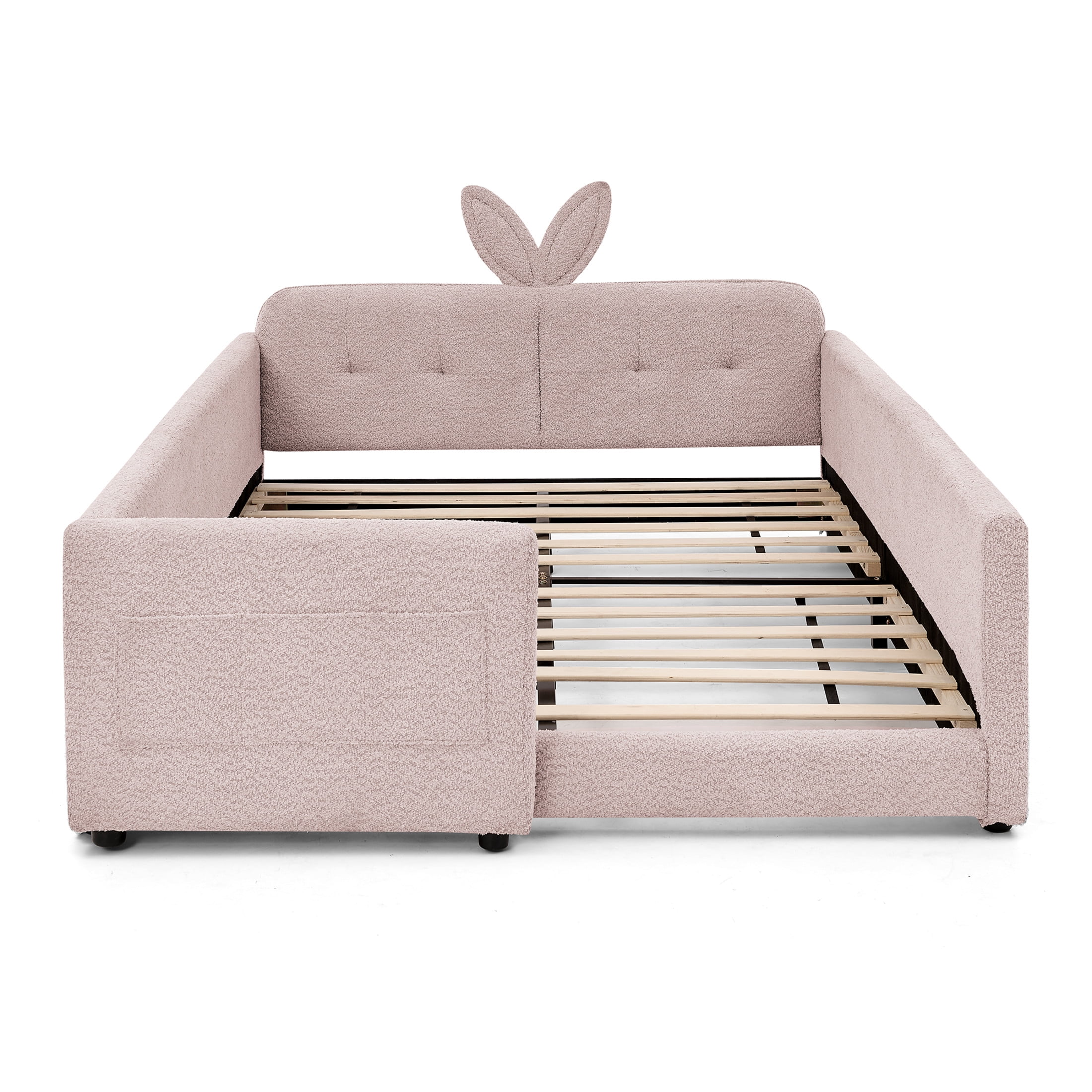 Noble House Ciara Full Boucle Upholstered Platform Bed, Cute Rabbit Ear Headboard Bed with Safety Guardrail, Pink