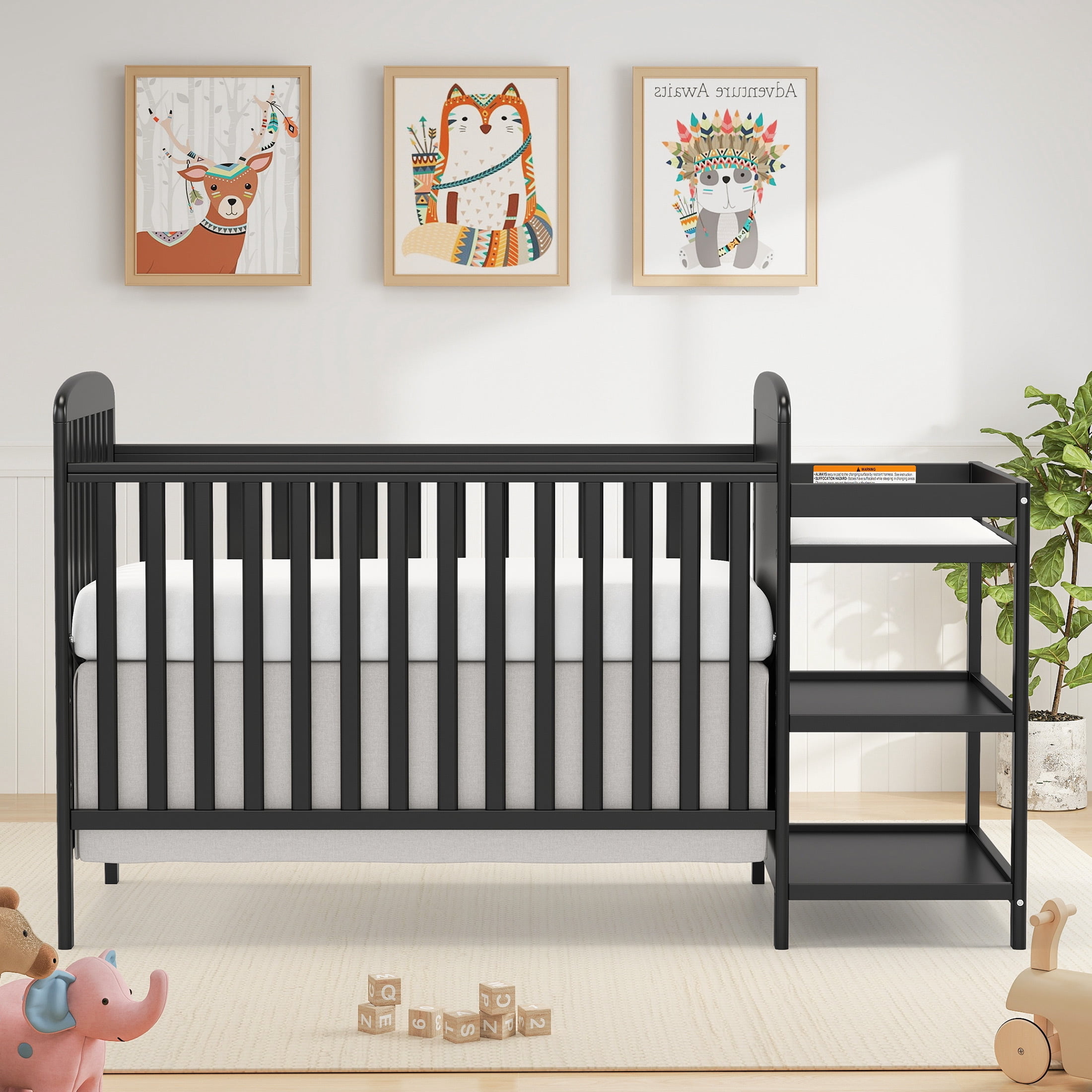 CASEMIOL Baby Crib with Changing Table 3 in 1, New Zealand Pinewood Cribs Convertible to Toddler Daybed Bed, Non-Toxic Finish, Easy to Assemble, Black