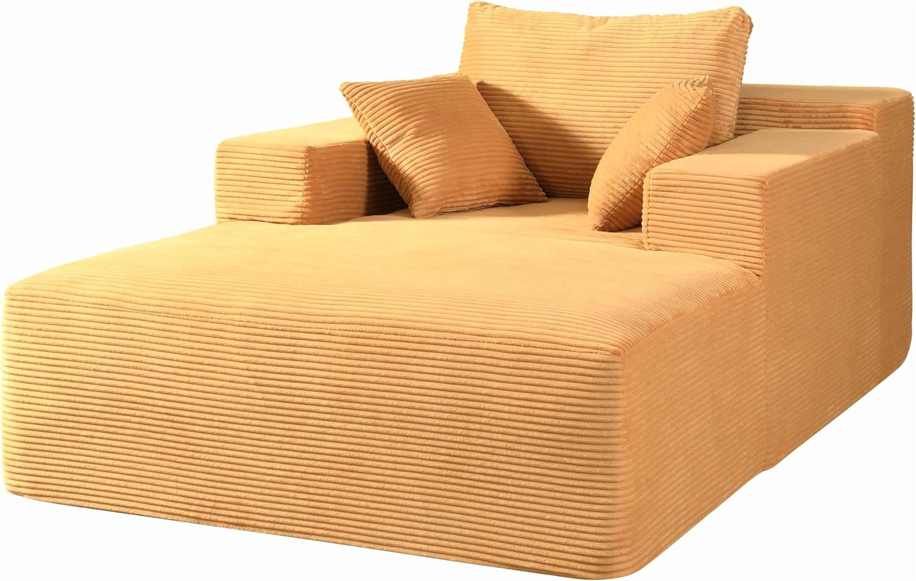 Chaise Lounge Chair Indoor – Oversized Corduroy Couch with Wide Armrest & Throw Pillows, Cozy Boneless Sleeper Sofa Bed Armchair