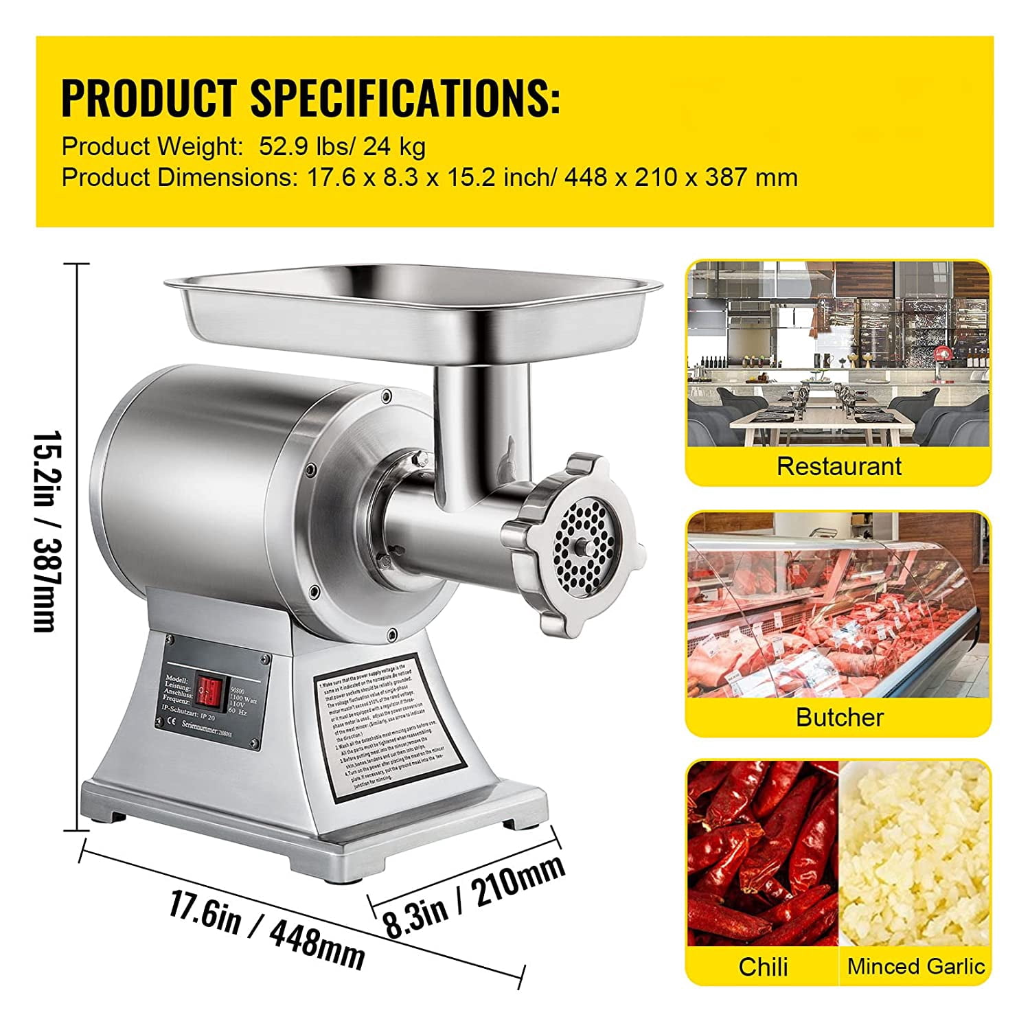 BENTISMbrand Commercial Electric Meat Grinder, 550lbs & 1100W Commercial Sausage Stuffer Maker, 220 RPM 1.5HP Stainless Steel Food Grinders for Industrial and Home Use