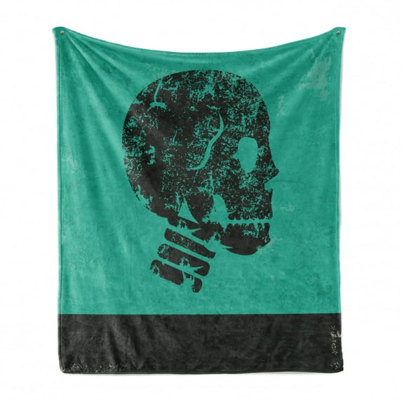 Skull Soft Flannel Fleece Blanket, Human Skeleton Theme Abstract Art Skull Design Illustration Artwork Print, Cozy Plush for Indoor and Outdoor Use, 60" x 80", Jade Green and Black, by Ambesonne