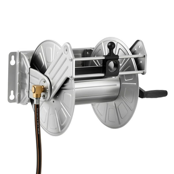 Wall Mounted Garden Hose Reel 150ft Capacity for 5/8 in Hose, Heavy-Duty 304 Stainless Steel Construction with 5 ft Lead Hose, Brass Fittings, Nylon Hose Guide, and Secure Bracket for Outdoor Garden