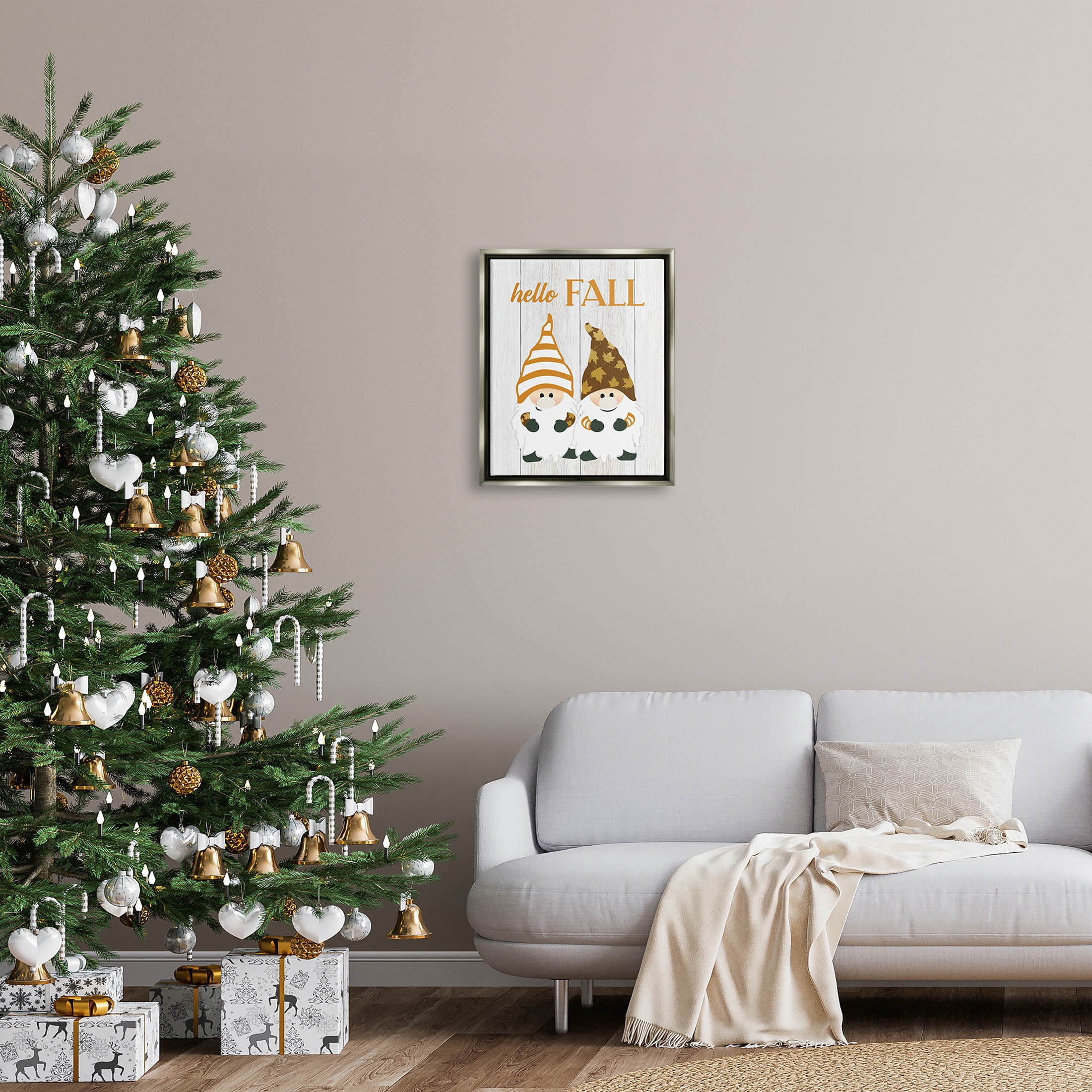 Stupell Industries Hello Fall Whimsical Gnomes Graphic Art Luster Gray Floating Framed Canvas Print Wall Art, Design by CAD Designs