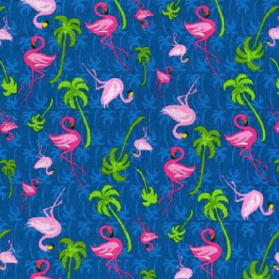Fabric Traditions Novelty Pink Flamingos Palms on Blue 100% Cotton Price per Yard