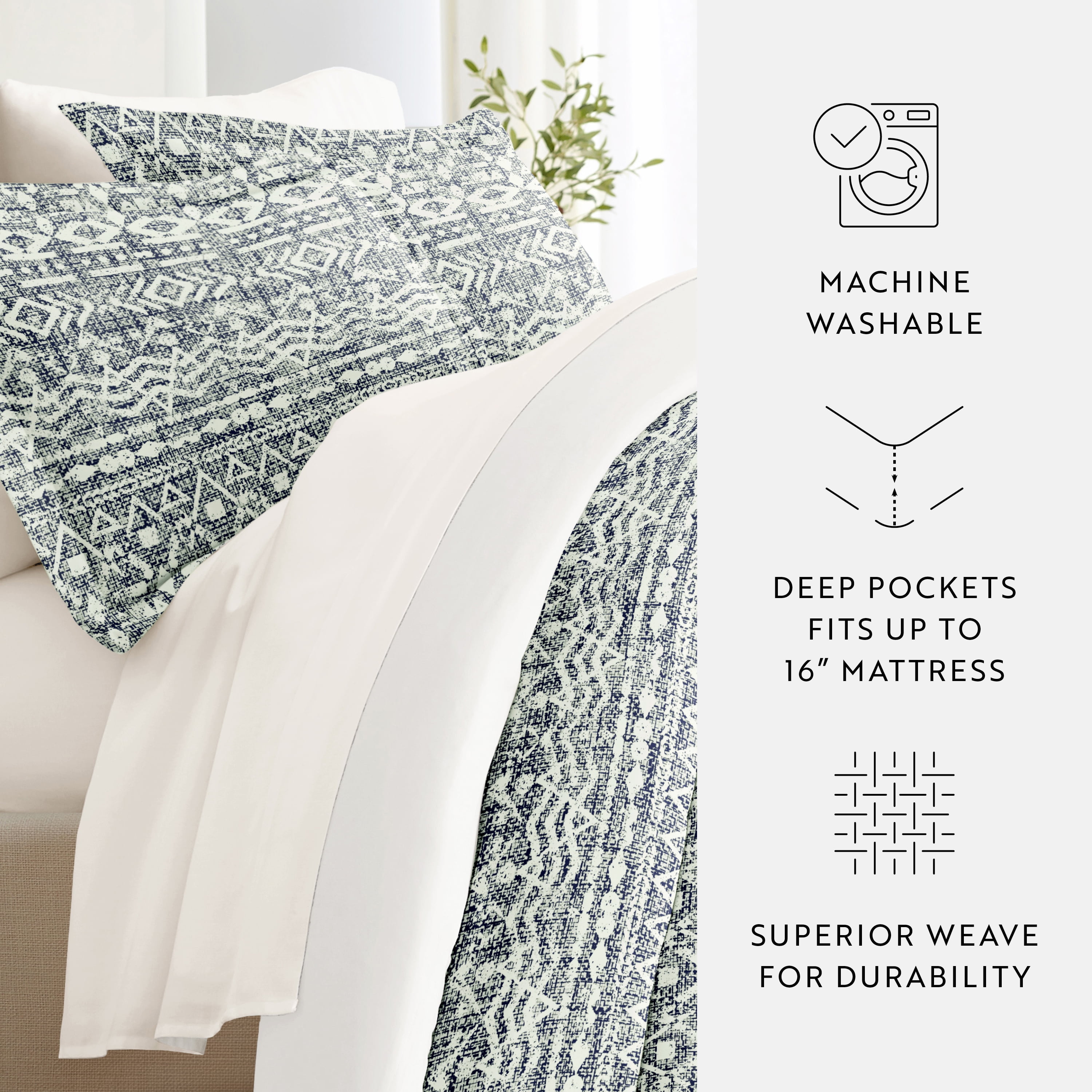 Noble Linens 8 Piece Patterned Duvet Bedding Bundle, Modern Rustic Navy, Cal King