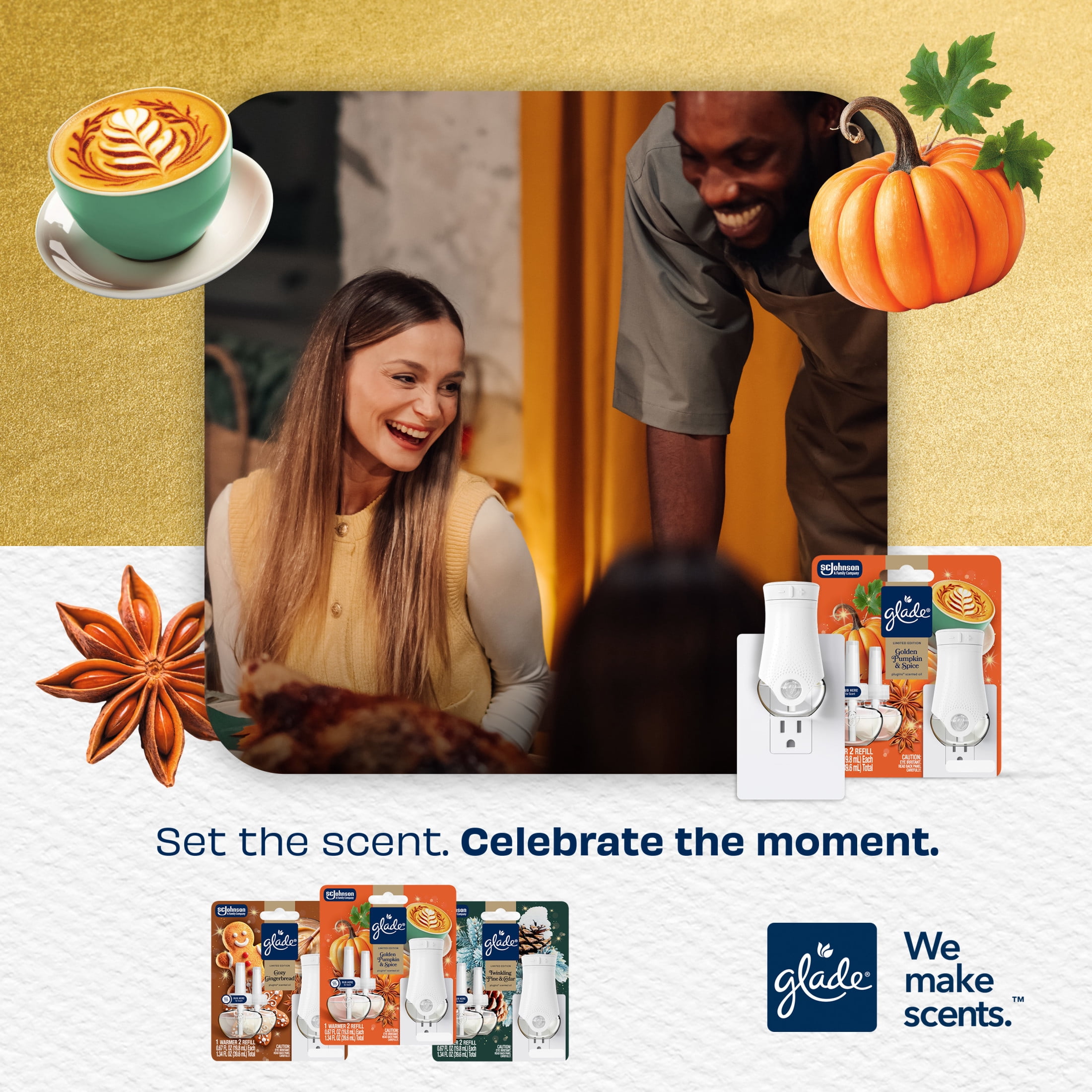 Glade® PlugIns® Starter Kit, Air Freshener, Golden Pumpkin & Spice, 1.34 fl oz, 1 Warmer + 2 Refills