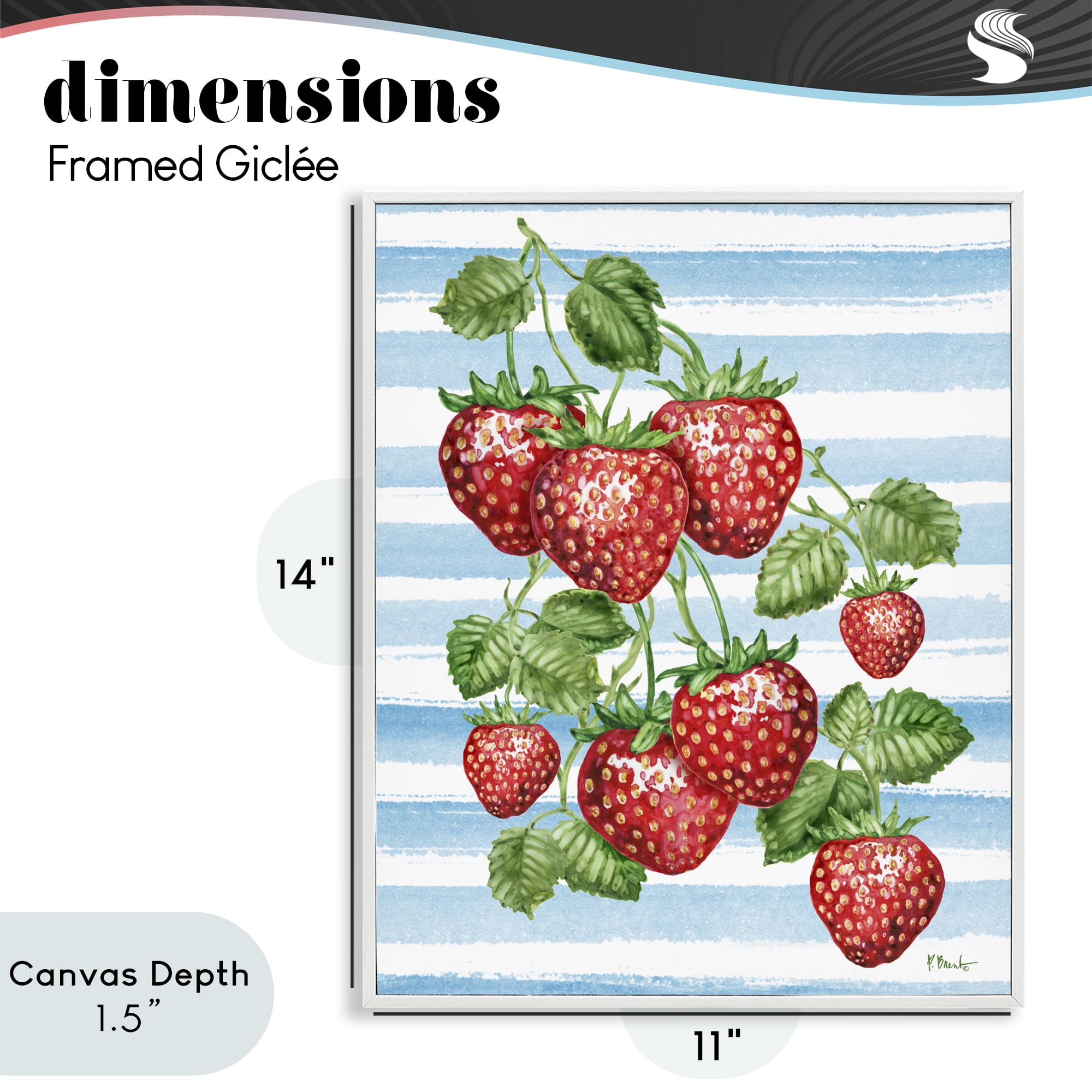 Stupell Industries Juicy Strawberry Vine on Stripes White Framed Giclee Art, design by Paul Brent