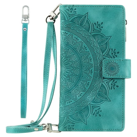 iPhone 7 Zipper Wallet Case 4.7", iPhone 8 Case, iPhone 6/6s Phone Cover, iPhone SE 2022/2020 Case, Dteck Embossed PU Leather Zipper Wallet Flip Case with Shoulder Strap Wrist Lanyard, Green