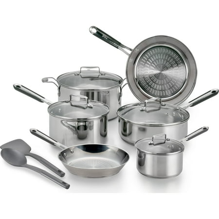 T-fal ExpertPro Techno Release Stainless Steel Induction Compatible Silver Cookware Set, 12