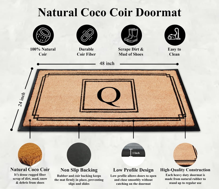 A1 Home Collections Rubber & Coir Mat, Heavy Duty, Extra Large, Front Door Mat 24"X48", Black/Beige Doormat Monogrammed Q