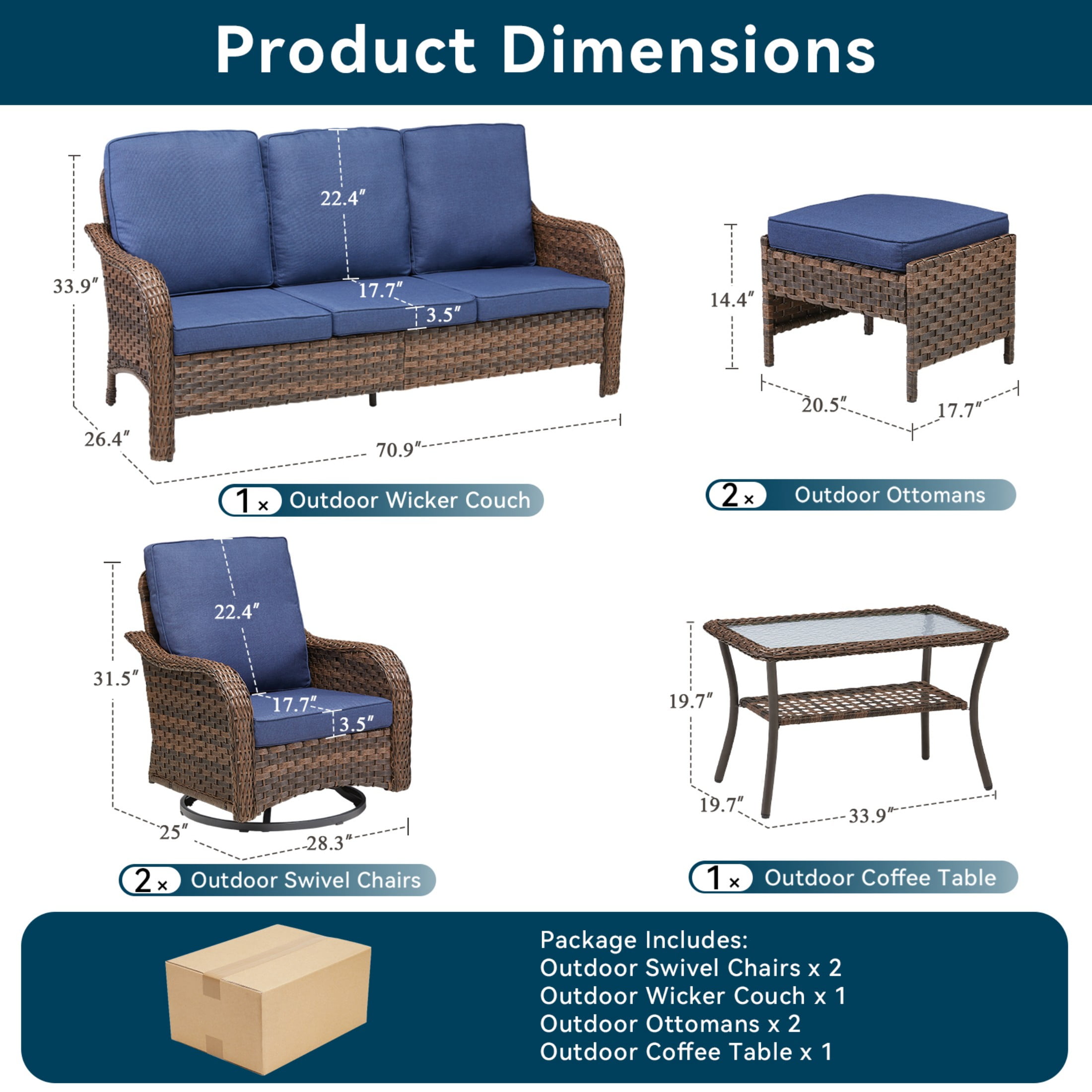 Unnifurnzi Outdoor Furniture-6 Pieces All Weather Wicker Patio Furniture Outdoor Swivel Chairs Set of 2 with Outdoor Couch Outdoor Patio Furniture Set for Porch Balcony Deck-Brown/Blue