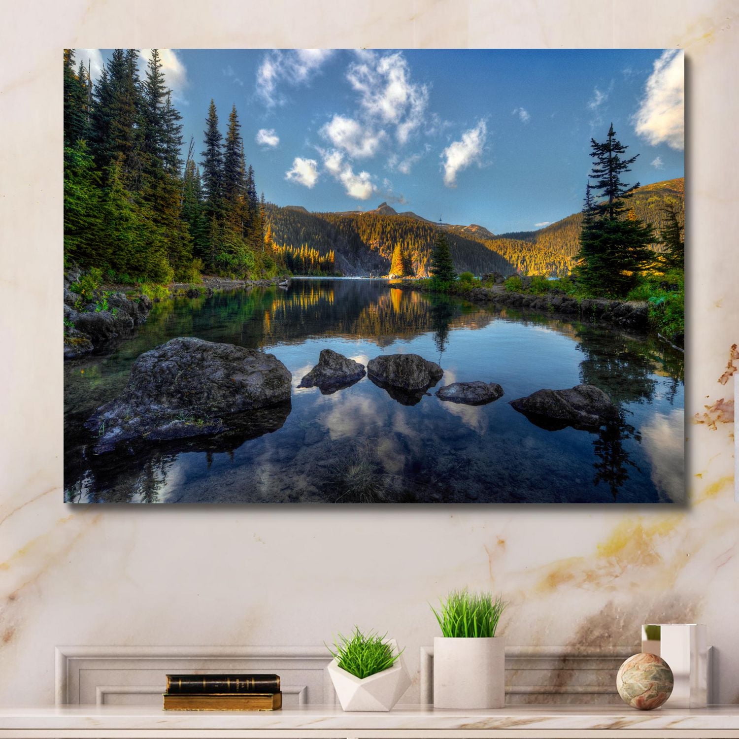 Designart Mountain Lake Surrounded by Trees Canvas Wall Art